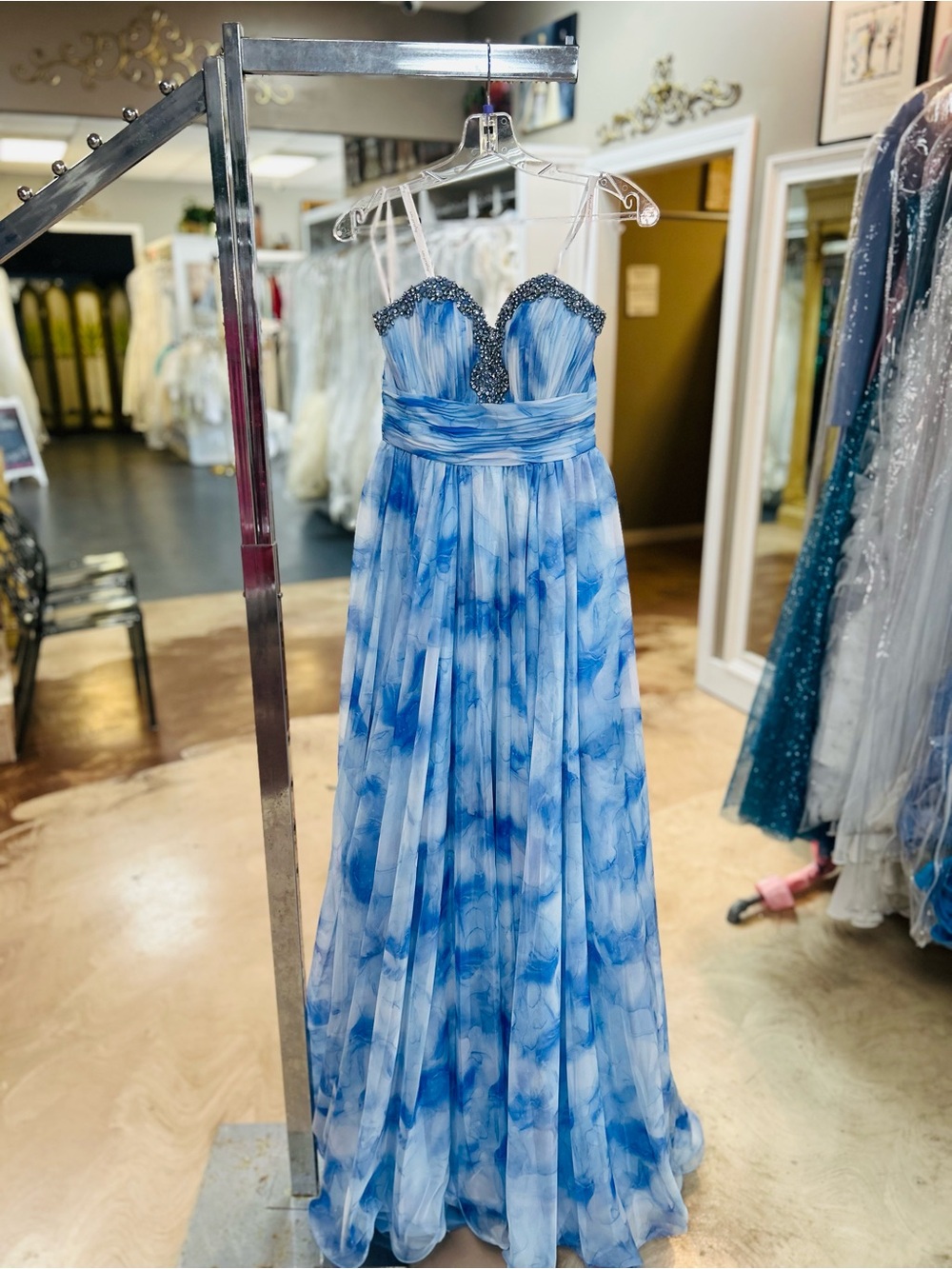 Ava Presley Blue Beaded Sweetheart Prom Dress